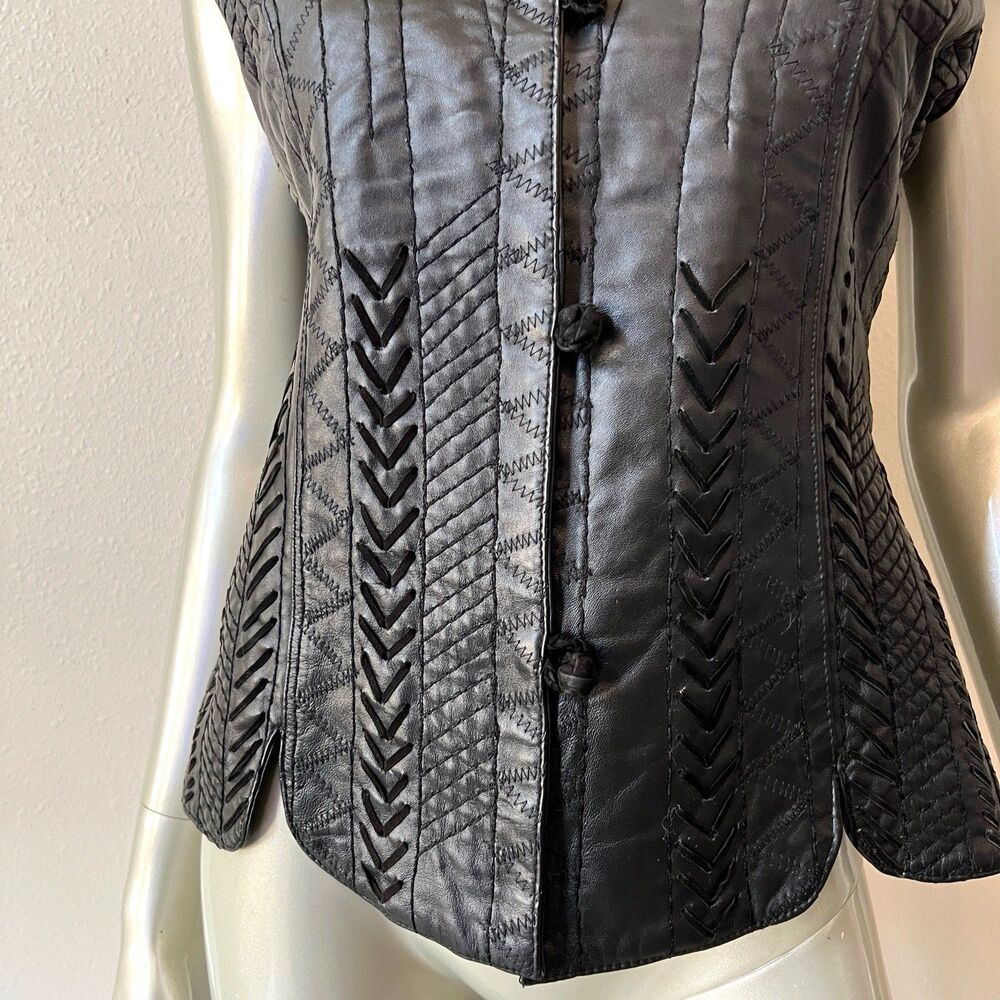 Vintage Margaret Godfrey Black  Leather Vest Women's Size 8 Laced Embroidered - Picture 3 of 6